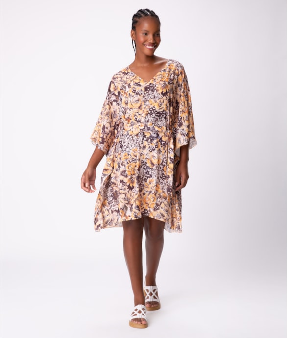 Vestido Resort Kaftan Print Amarelo