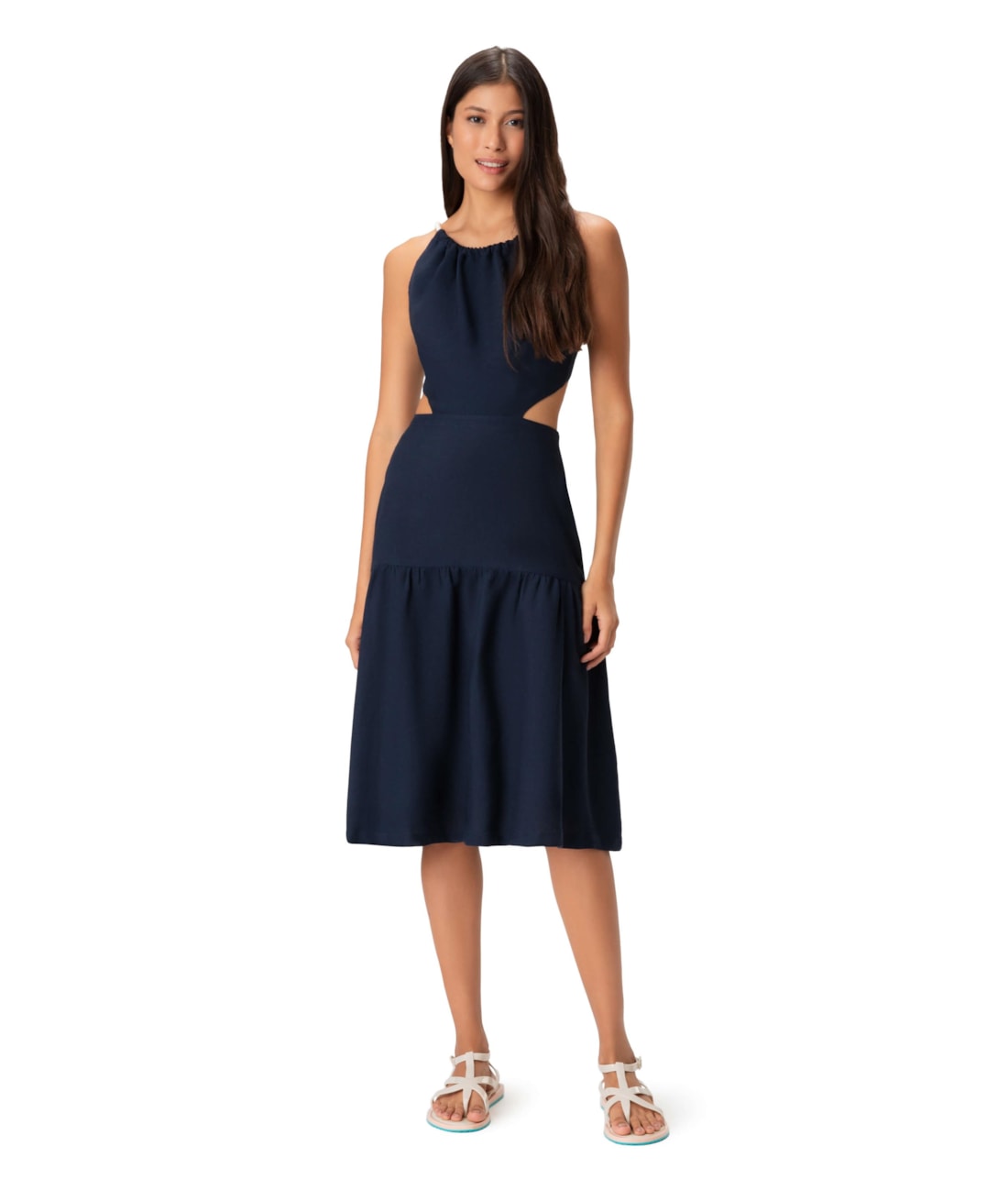 Vestido Resort Midi Cordões Heavy Linho Marinho