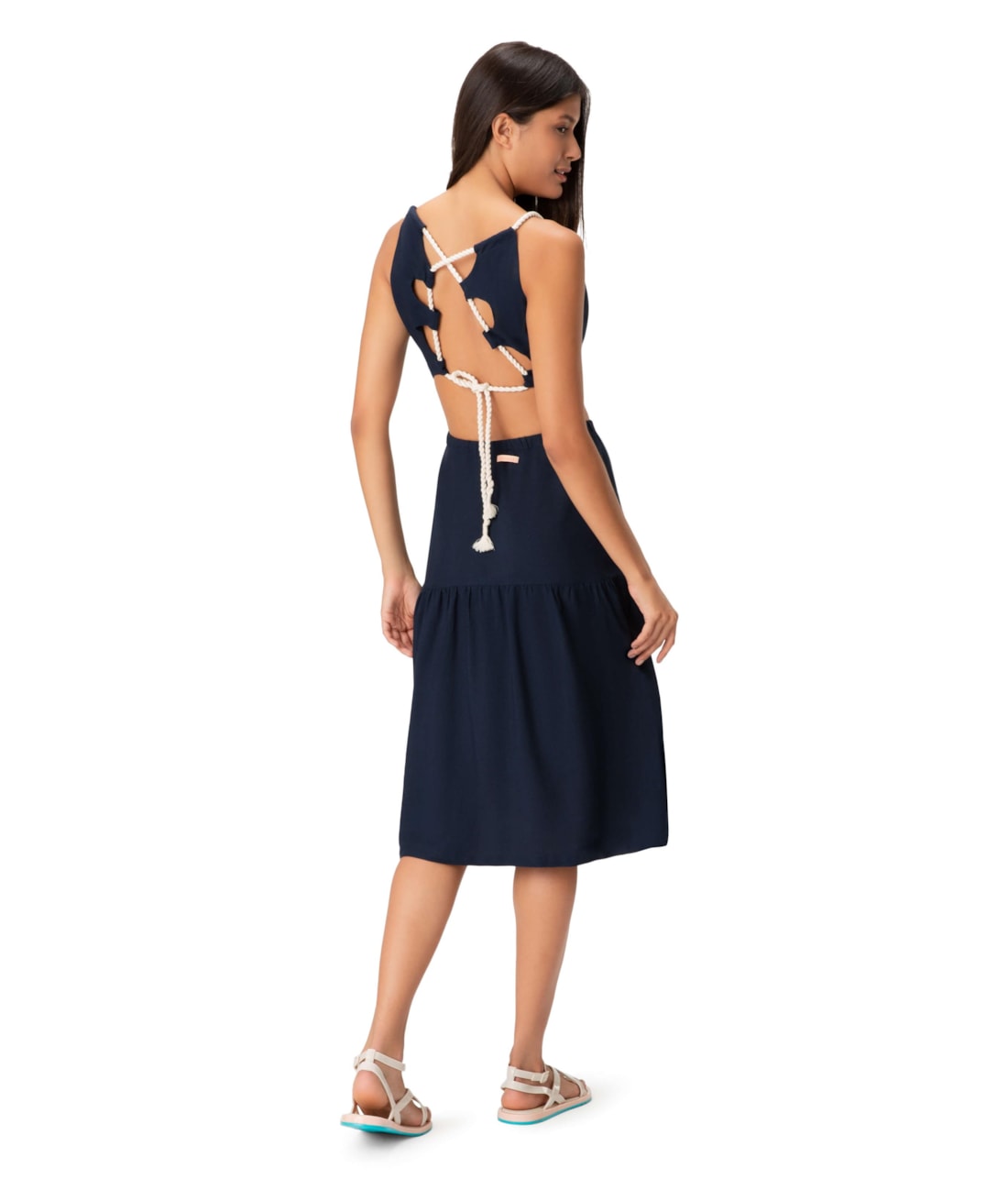 Vestido Resort Midi Cordões Heavy Linho Marinho