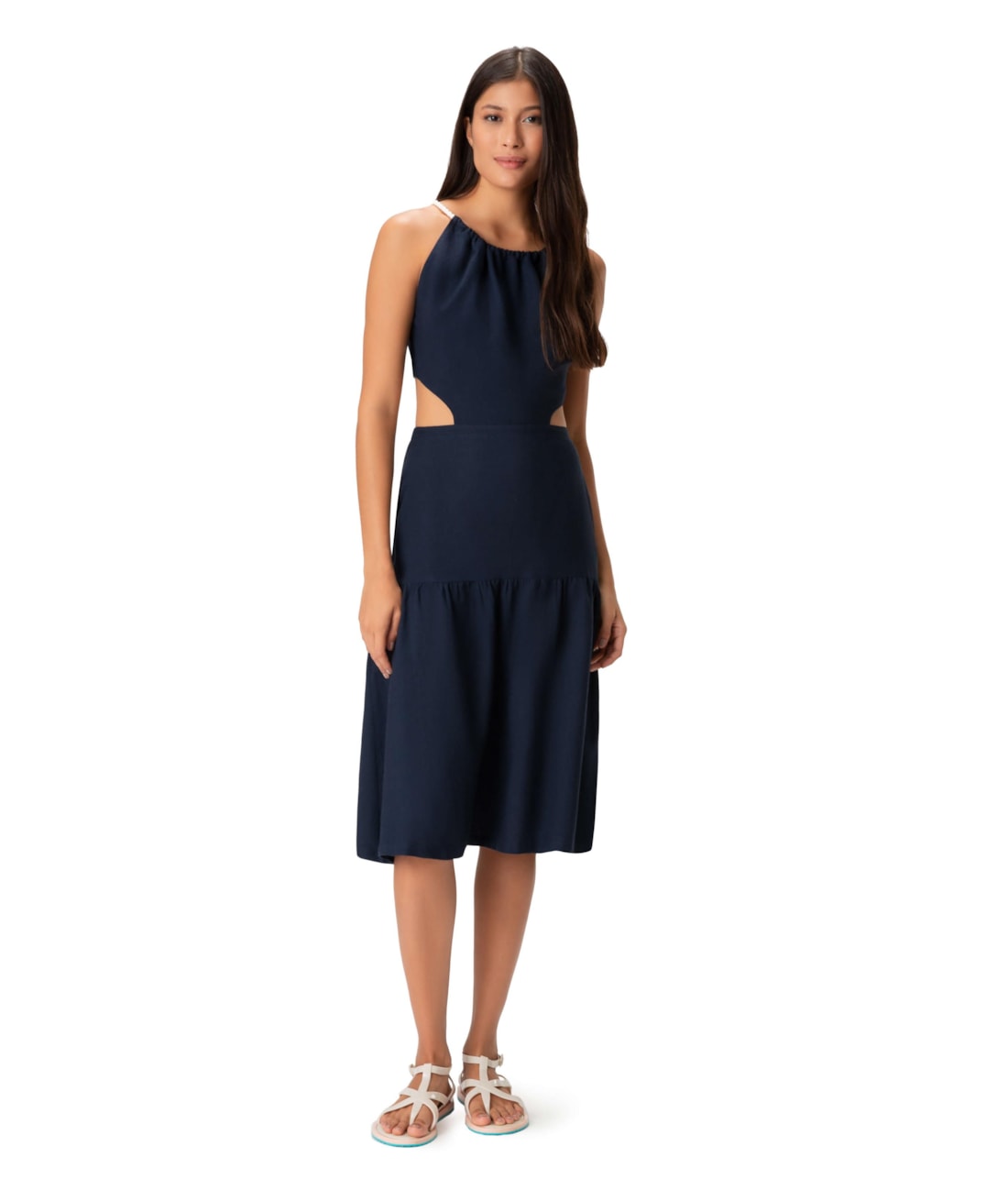 Vestido Resort Midi Cordões Heavy Linho Marinho