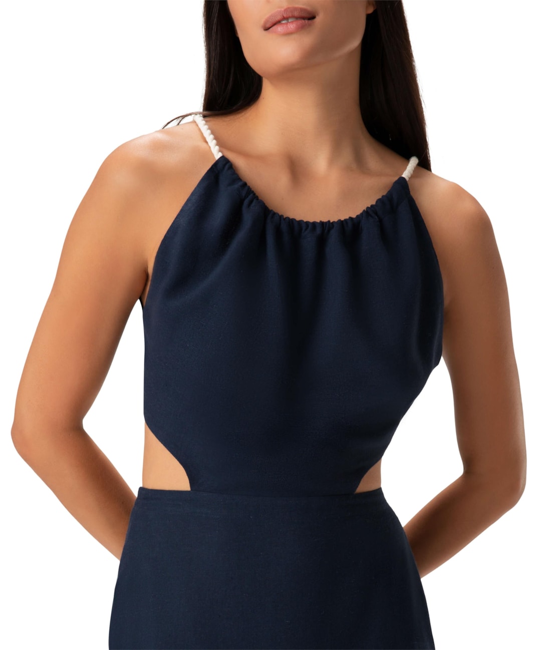 Vestido Resort Midi Cordões Heavy Linho Marinho