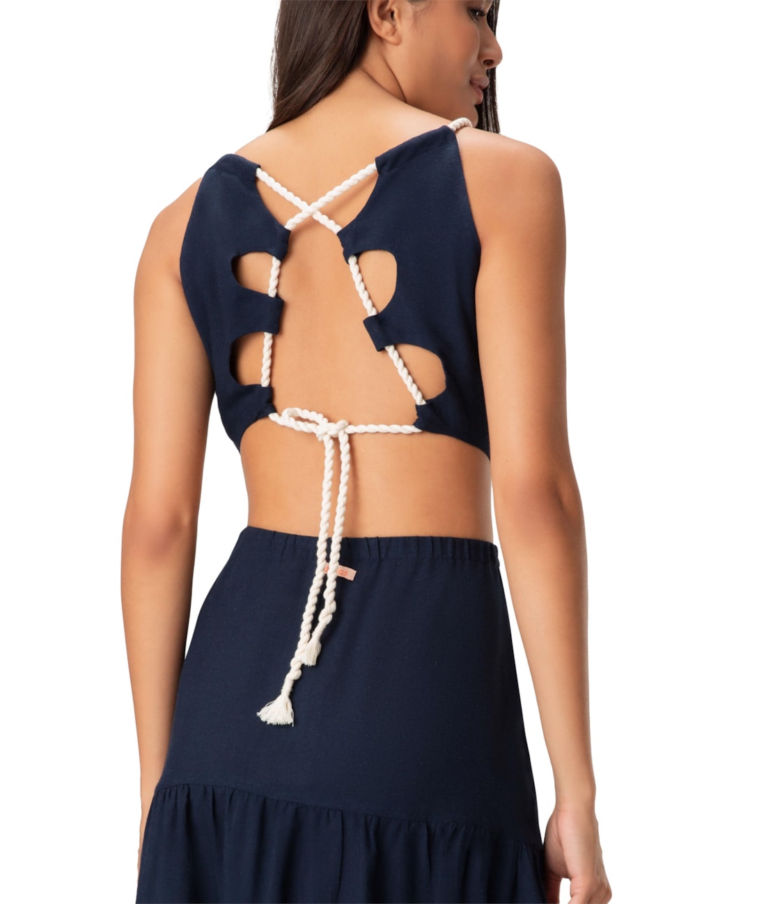 Vestido Resort Midi Cordões Heavy Linho Marinho