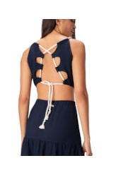 Vestido Resort Midi Cordões Heavy Linho Marinho