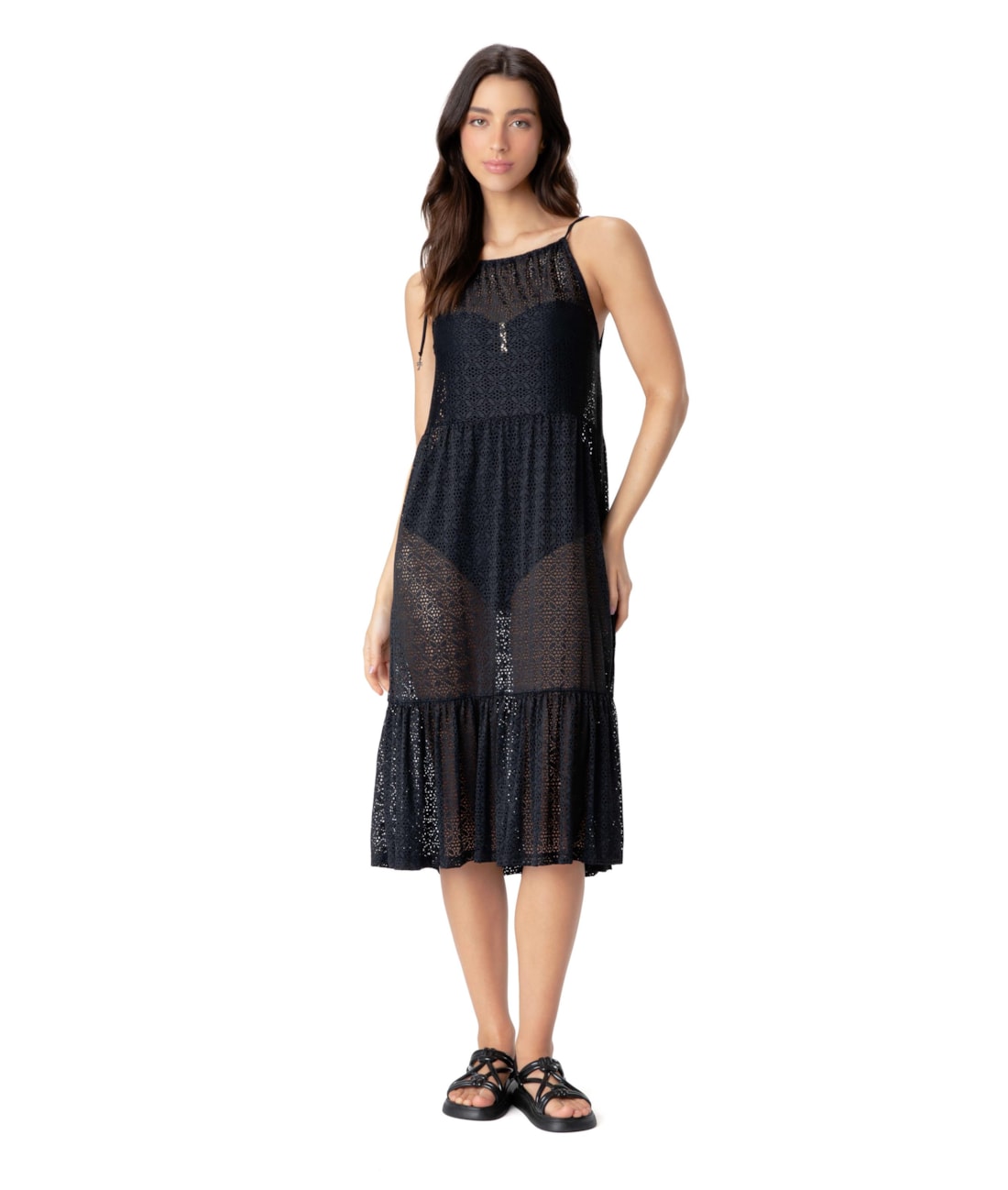 Vestido Resort Midi Recortes Laise Preto