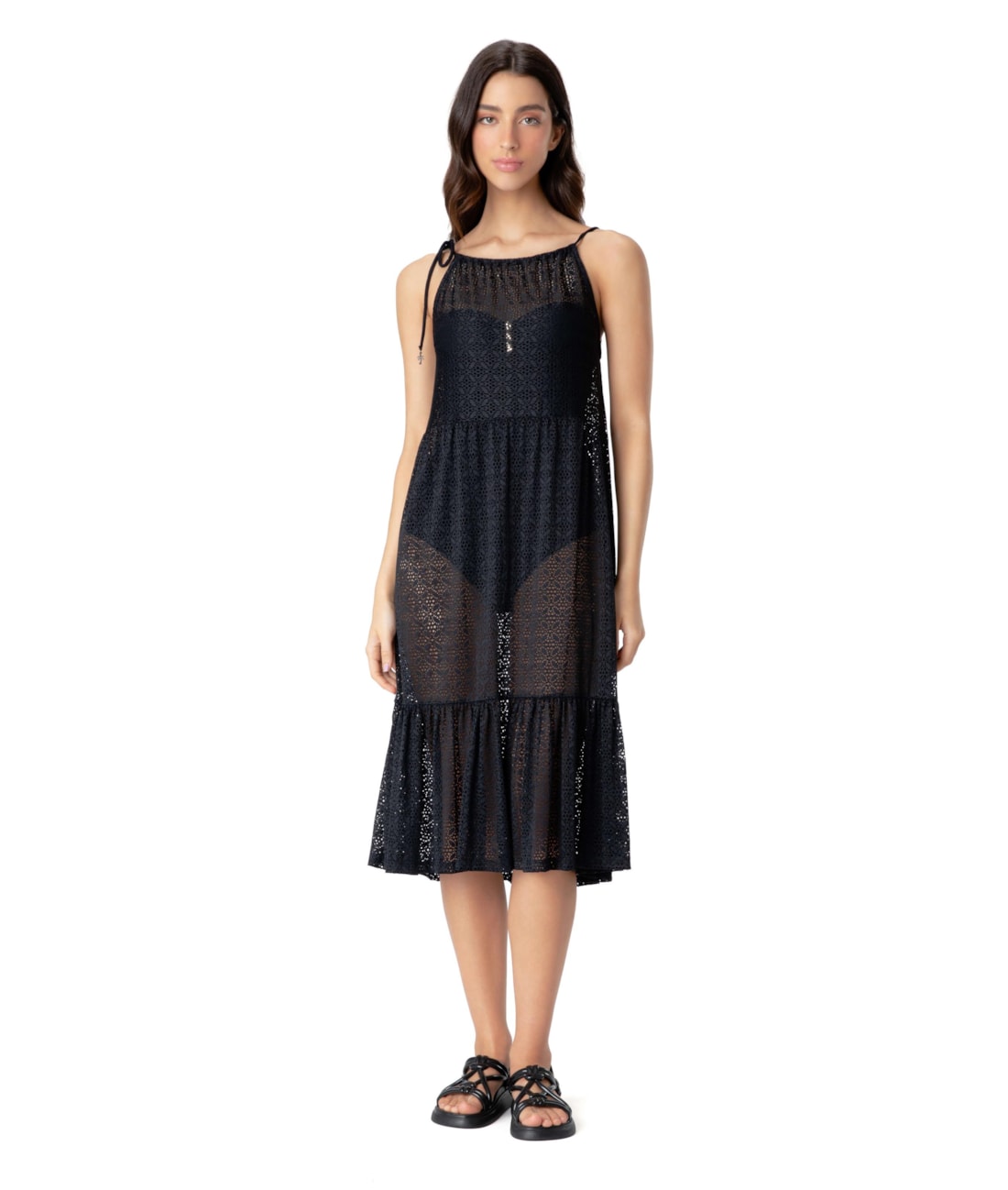 Vestido Resort Midi Recortes Laise Preto