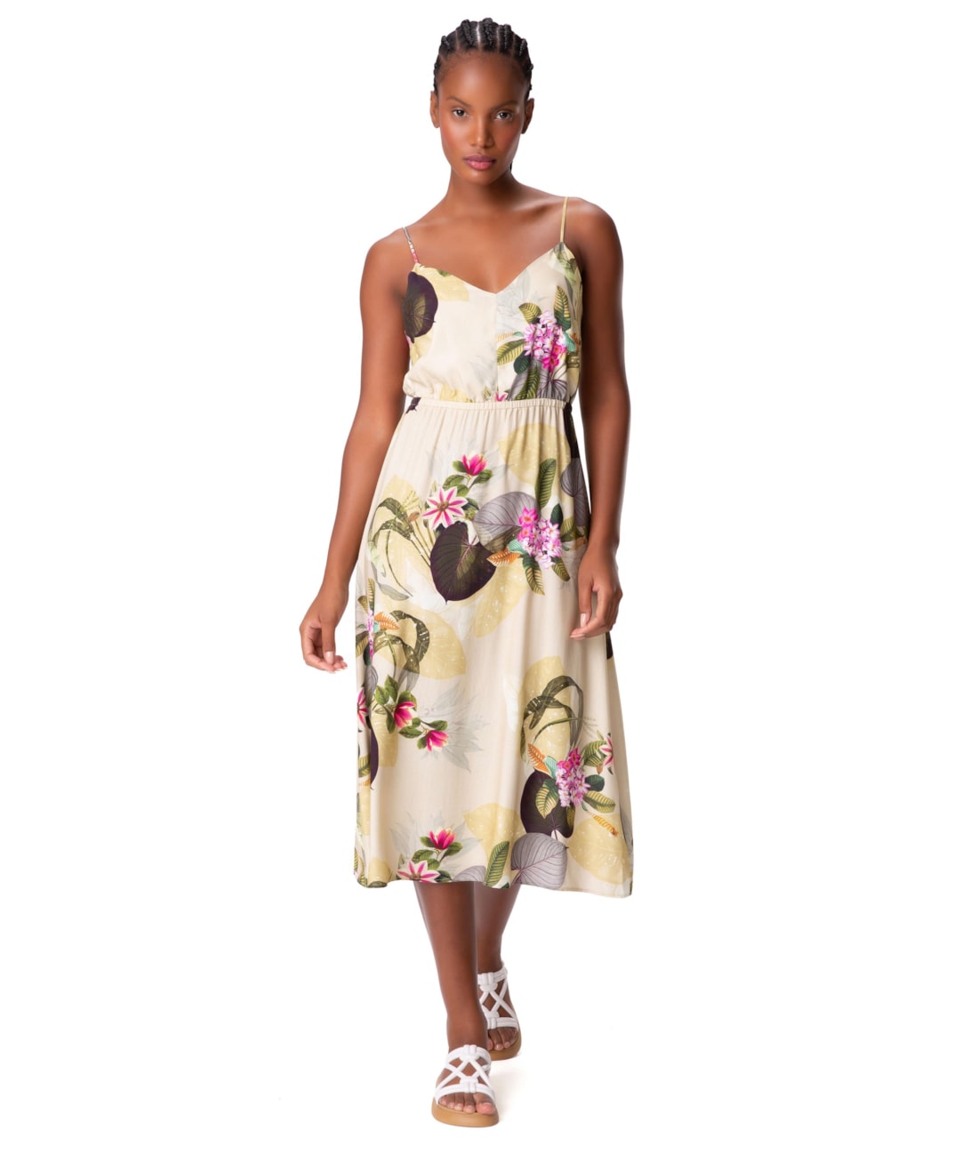 Vestido Resort Midi Viscose Print Areia