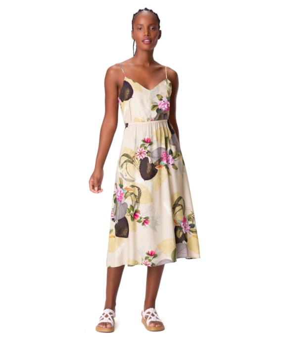 Vestido Resort Midi Viscose Print Areia