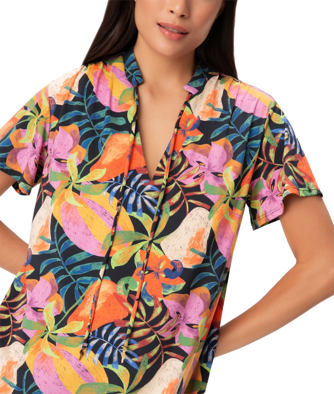 Vestido Resort Rolotê Curto Botânico Preto