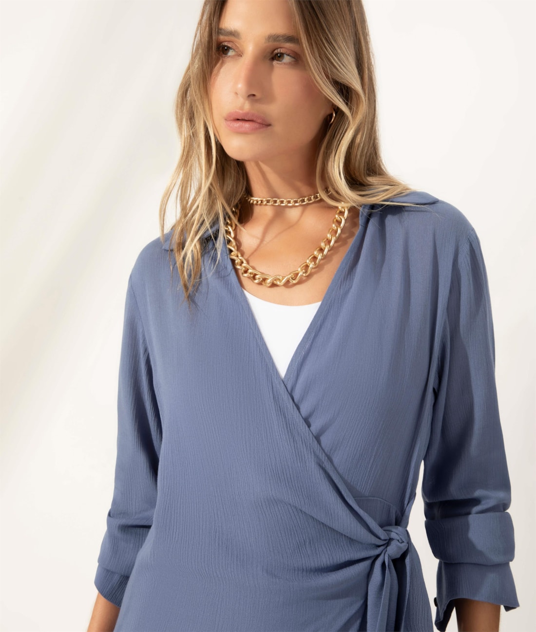 Vestido Transpassado Crepe Indiano Azul Claro