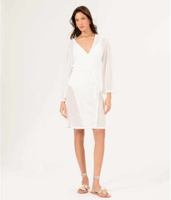 Vestido Transpasse Malha Crochet 3/4 Areia