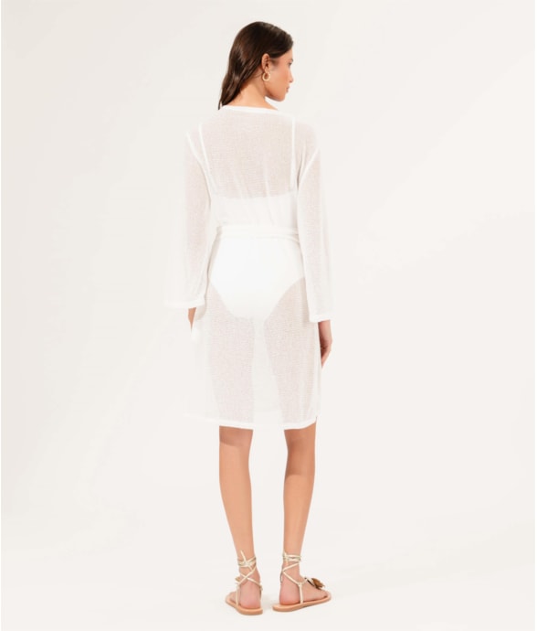 Vestido Transpasse Malha Crochet 3/4 Areia