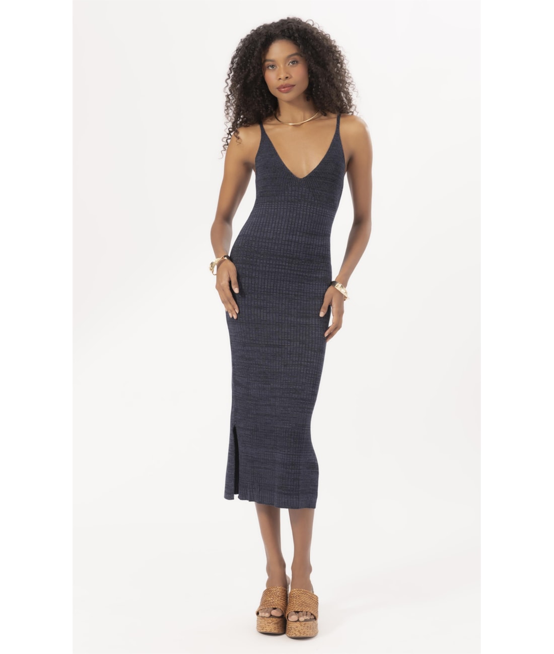 Vestido Tricot Canelado Mescla Dark Navy