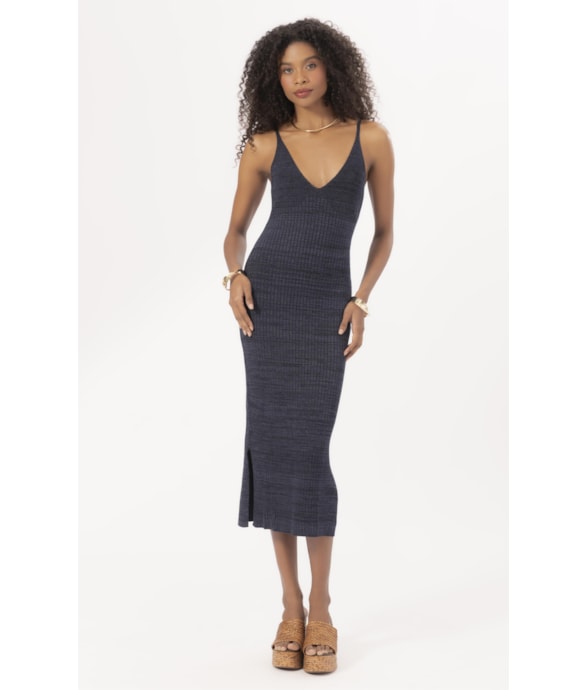 Vestido Tricot Canelado Mescla Dark Navy