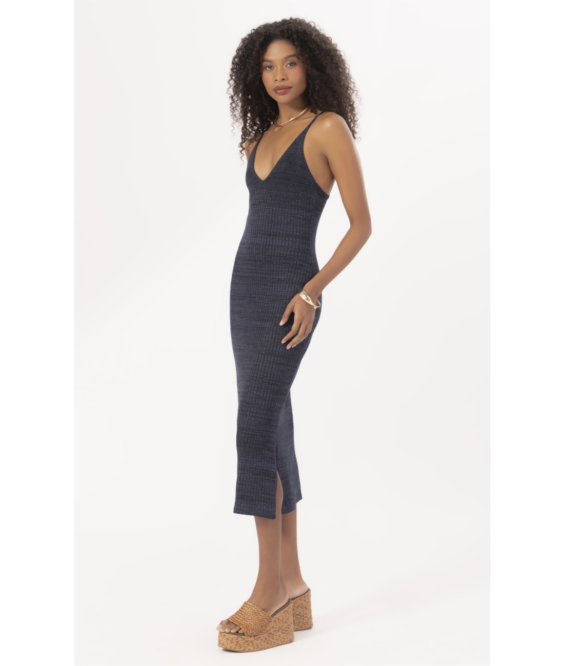 Vestido Tricot Canelado Mescla Dark Navy
