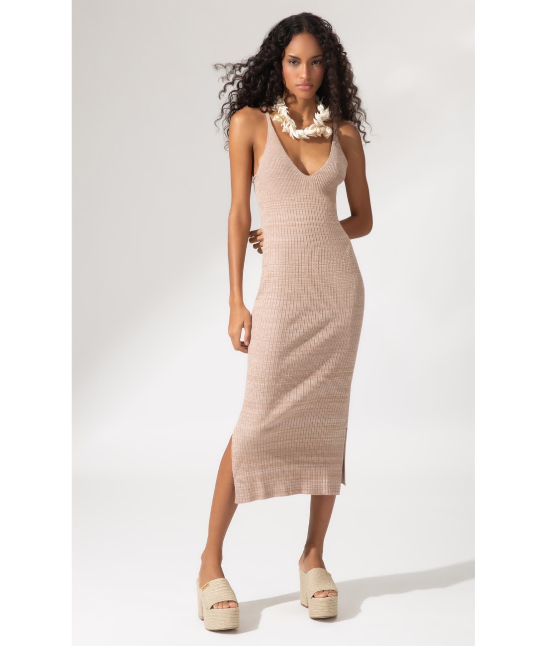 Vestido Tricot Canelado Mescla Natural
