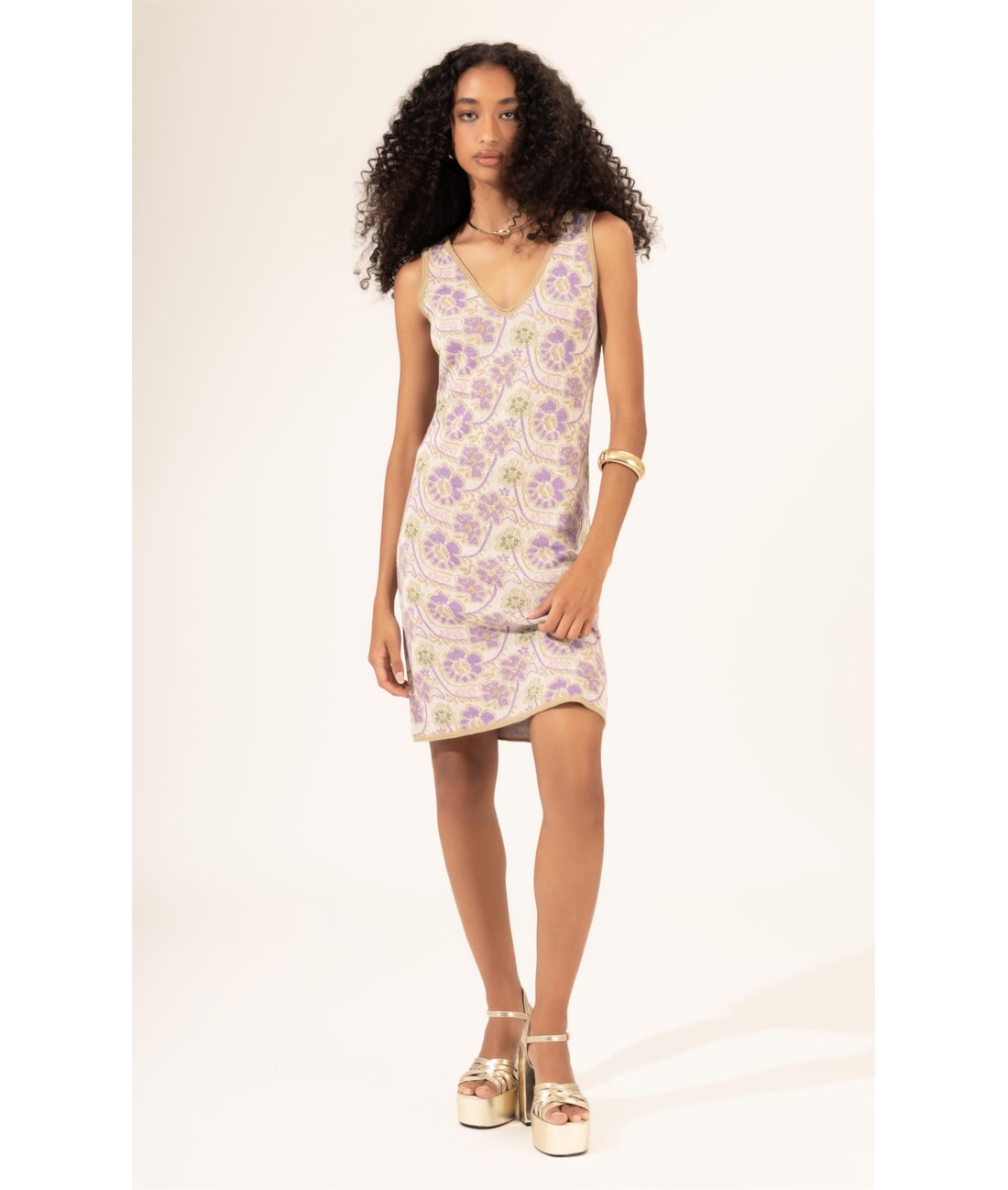 Vestido Tricot Jacquard Floral Natural