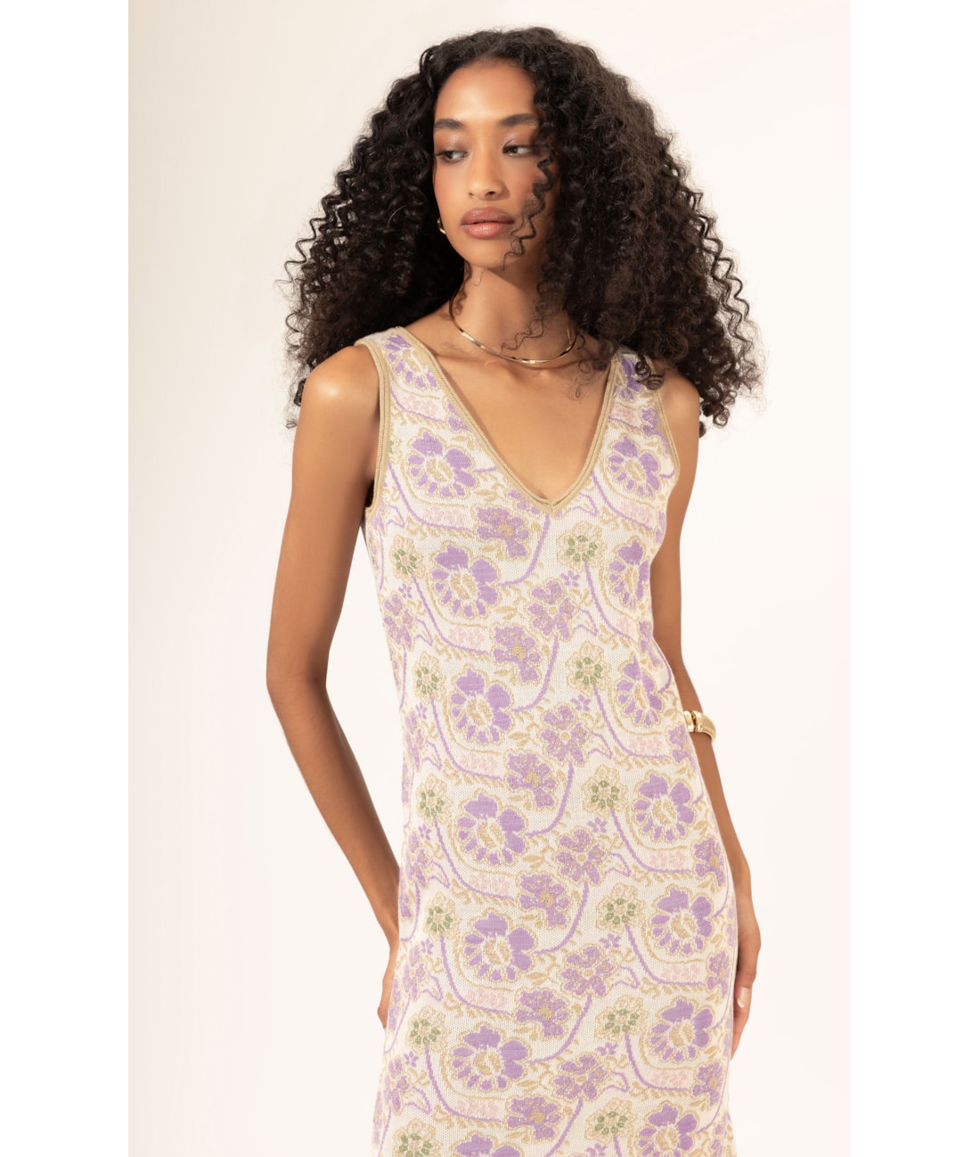 Vestido Tricot Jacquard Floral Natural