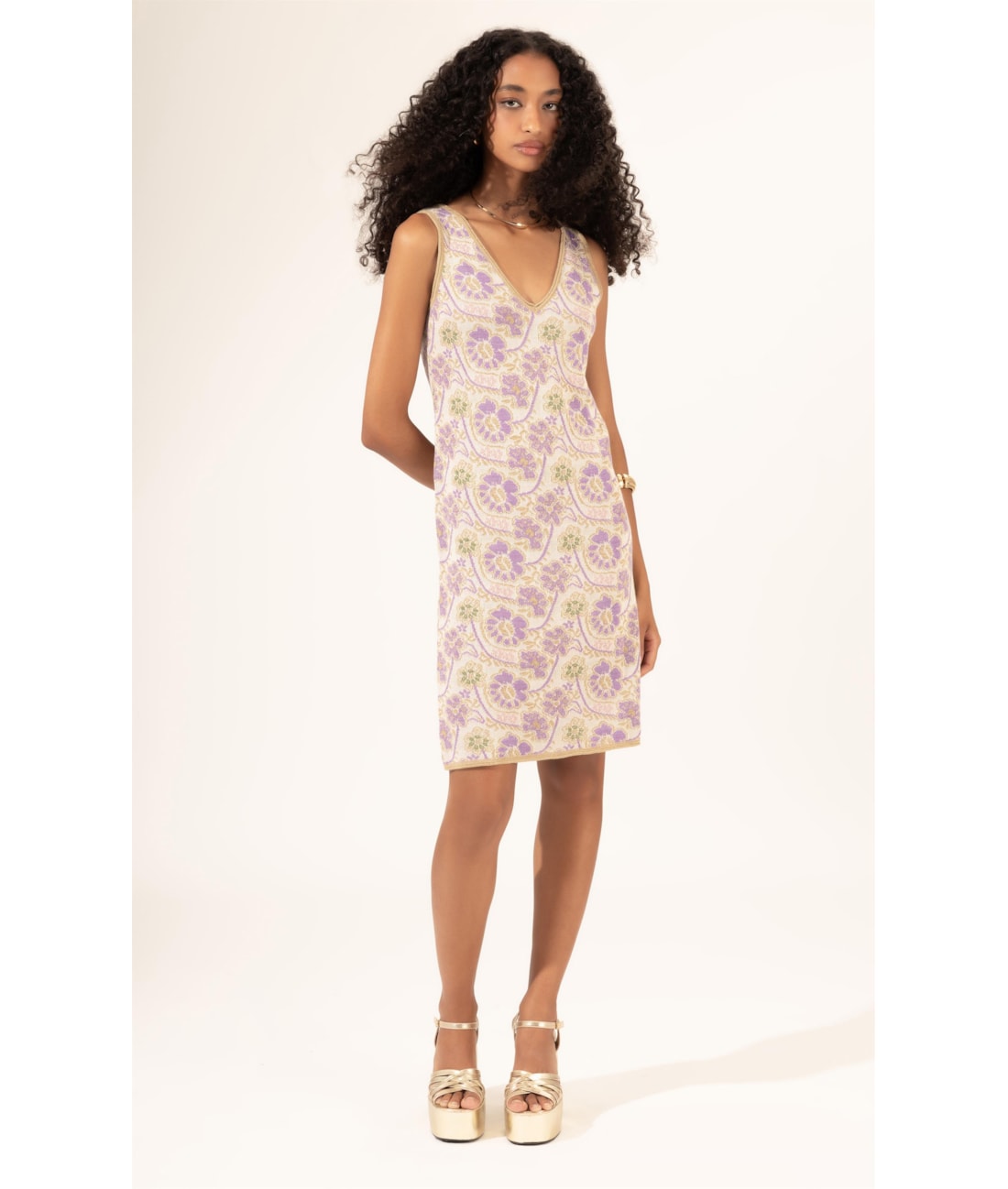 Vestido Tricot Jacquard Floral Natural