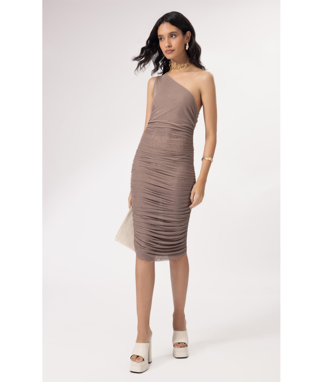 Vestido Um Ombro Só Tule Liso Marrom