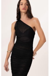 Vestido Um Ombro Só Tule Liso Preto