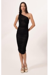 Vestido Um Ombro Só Tule Liso Preto