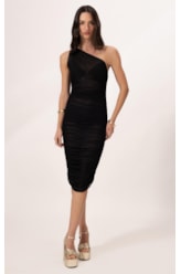 Vestido Um Ombro Só Tule Liso Preto